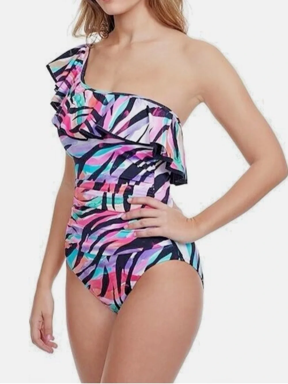 Profile by Gottex One-Shoulder One-Piece Swimsuit size 12 NWT Wild Parade